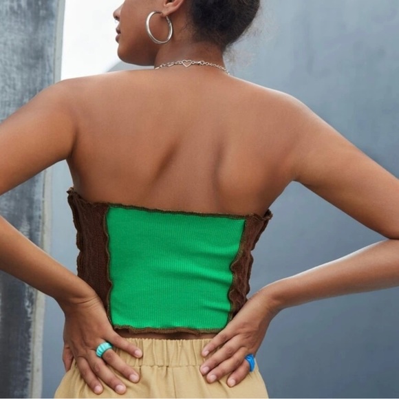 Color Block Top-Stitching Lace Up Front Cropped Tube Top - Picture 6 of 12